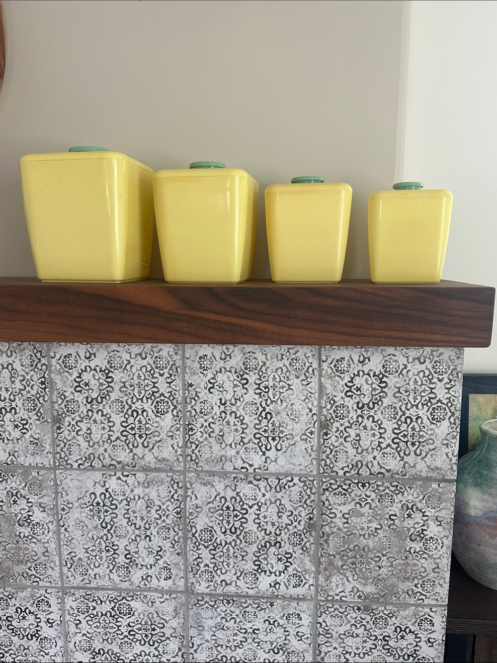 Yellow Ceramic Canister Set with Green Lids - Home Kitchen